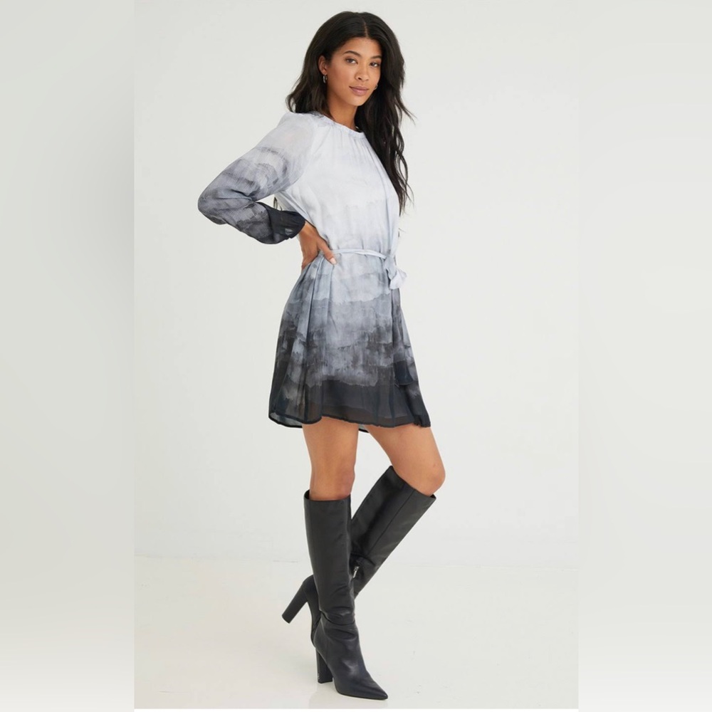 Bella Dahl - Gray Ombre Glacier Print Belted Dress L